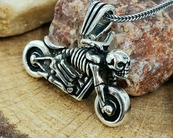 Sterling Silver Skull Motorcycle Necklace - Biker Pendant