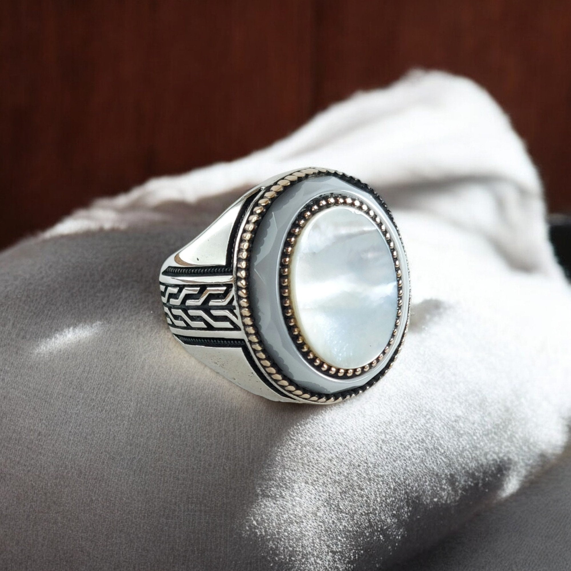 Handmade Sterling Silver Men's Ring: Oval White Mother of Pearl
