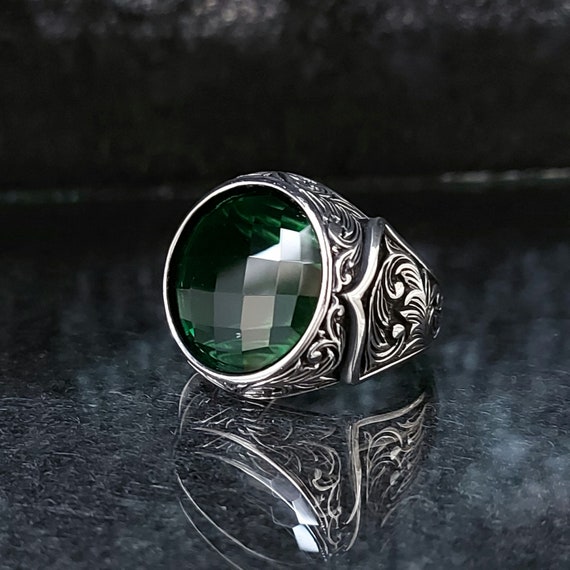 Buy Silver Emerald Stone Ring , Round Zircon Green Stone Ring 
