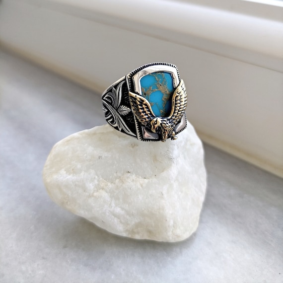 スターリングシルバーのイーグルリング：ターコイズストーン、トルコ製