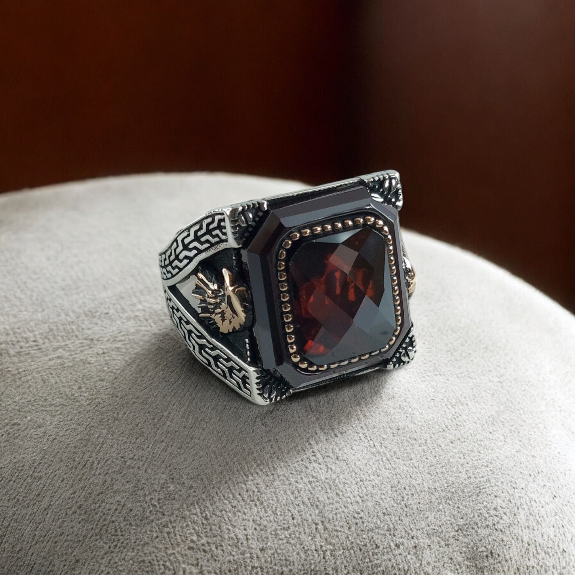 Handmade Sterling Silver Men's Ring: Eagle Head, Red Zircon Stone