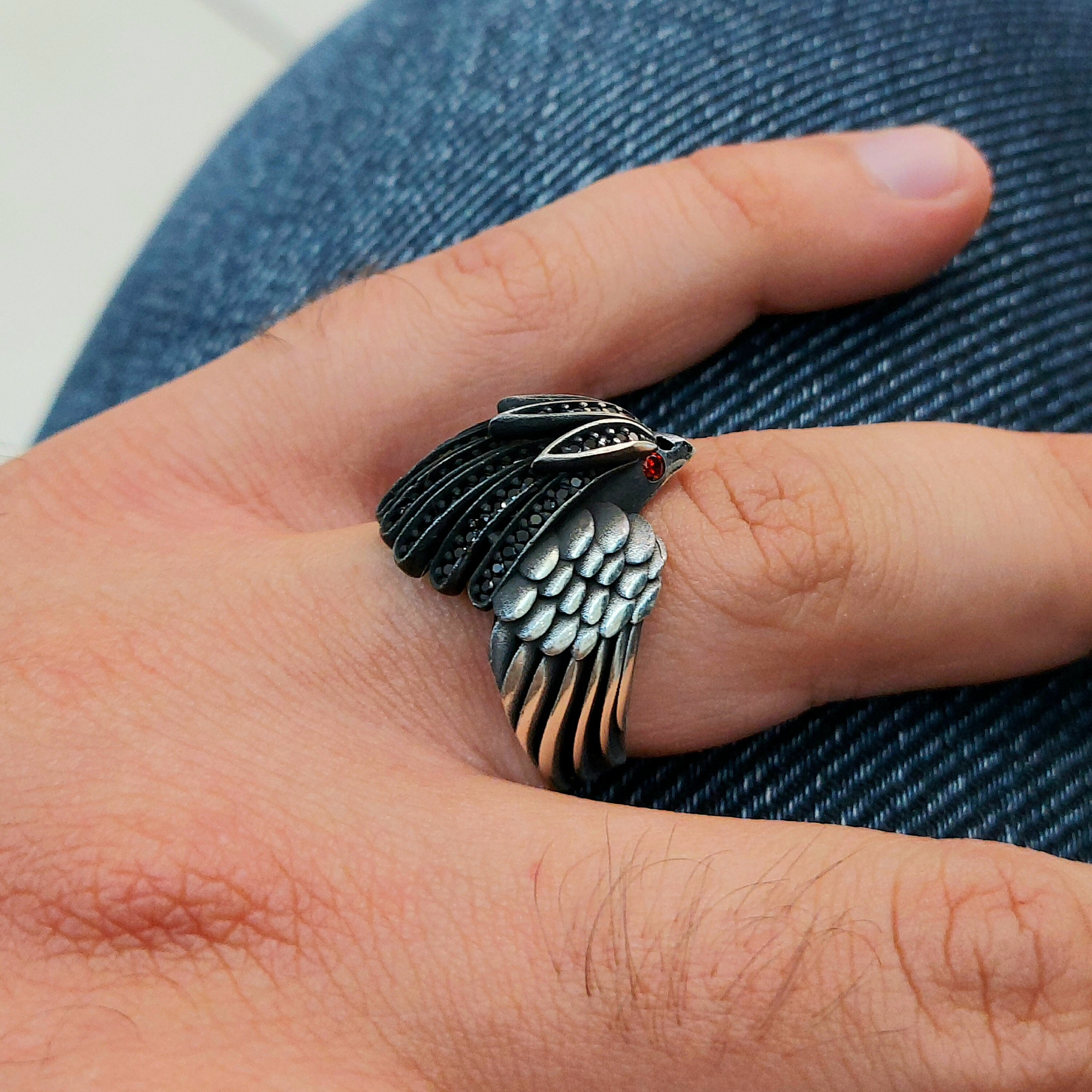 Bird Silver Ring Black and Red Zircon Stone , 925 Silver