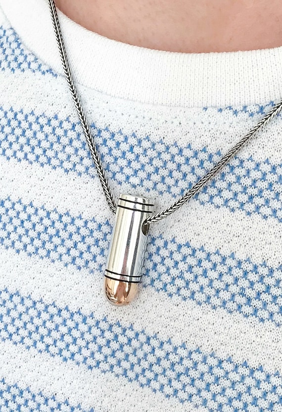 925 Sterling Silver Men Necklace, Bullet Pendant, Bullet Necklace