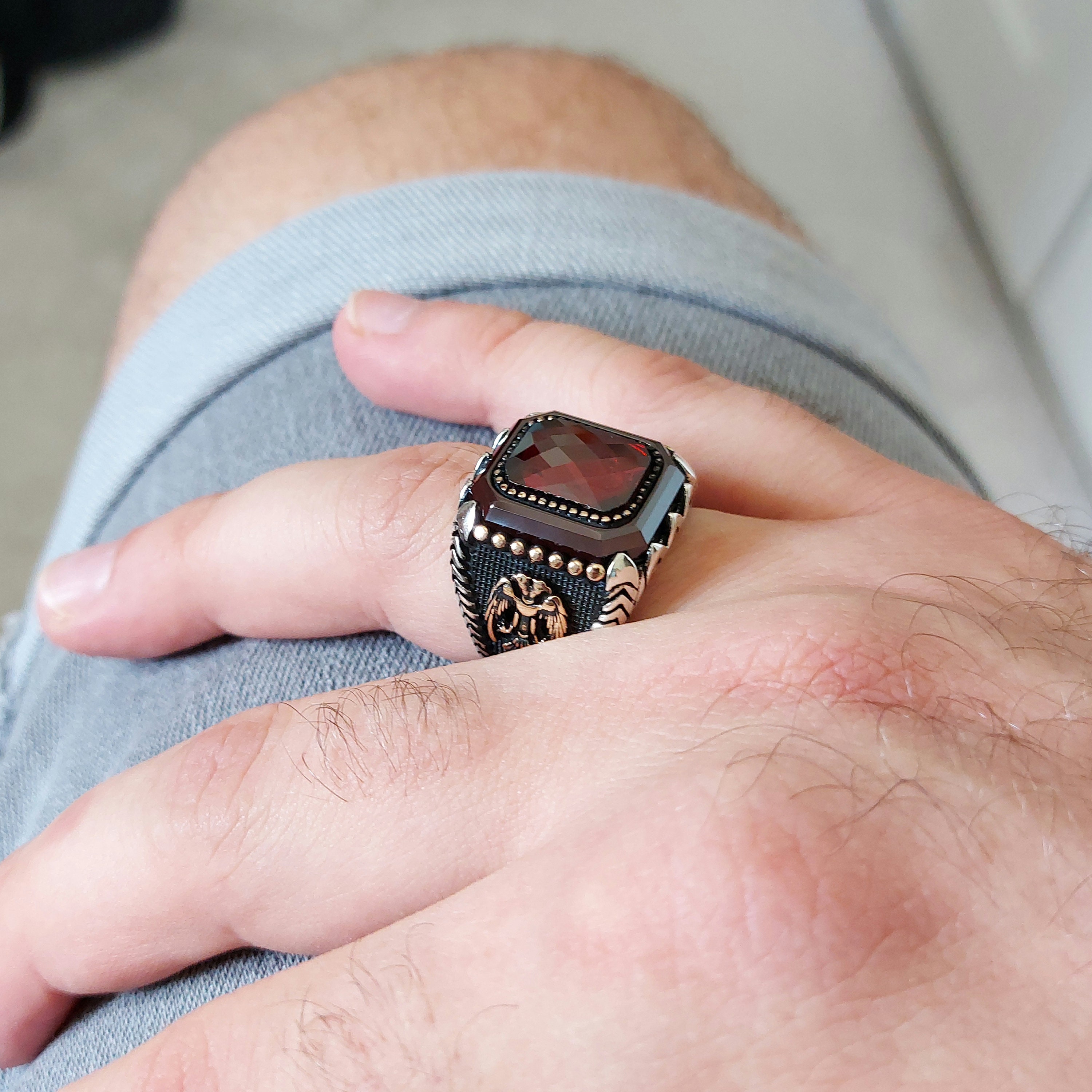 Anello Uomo Argento 925 Con Rubini – Design Ottomano Aquila A Due Teste, Anello Personalizzabile. - Foto 3