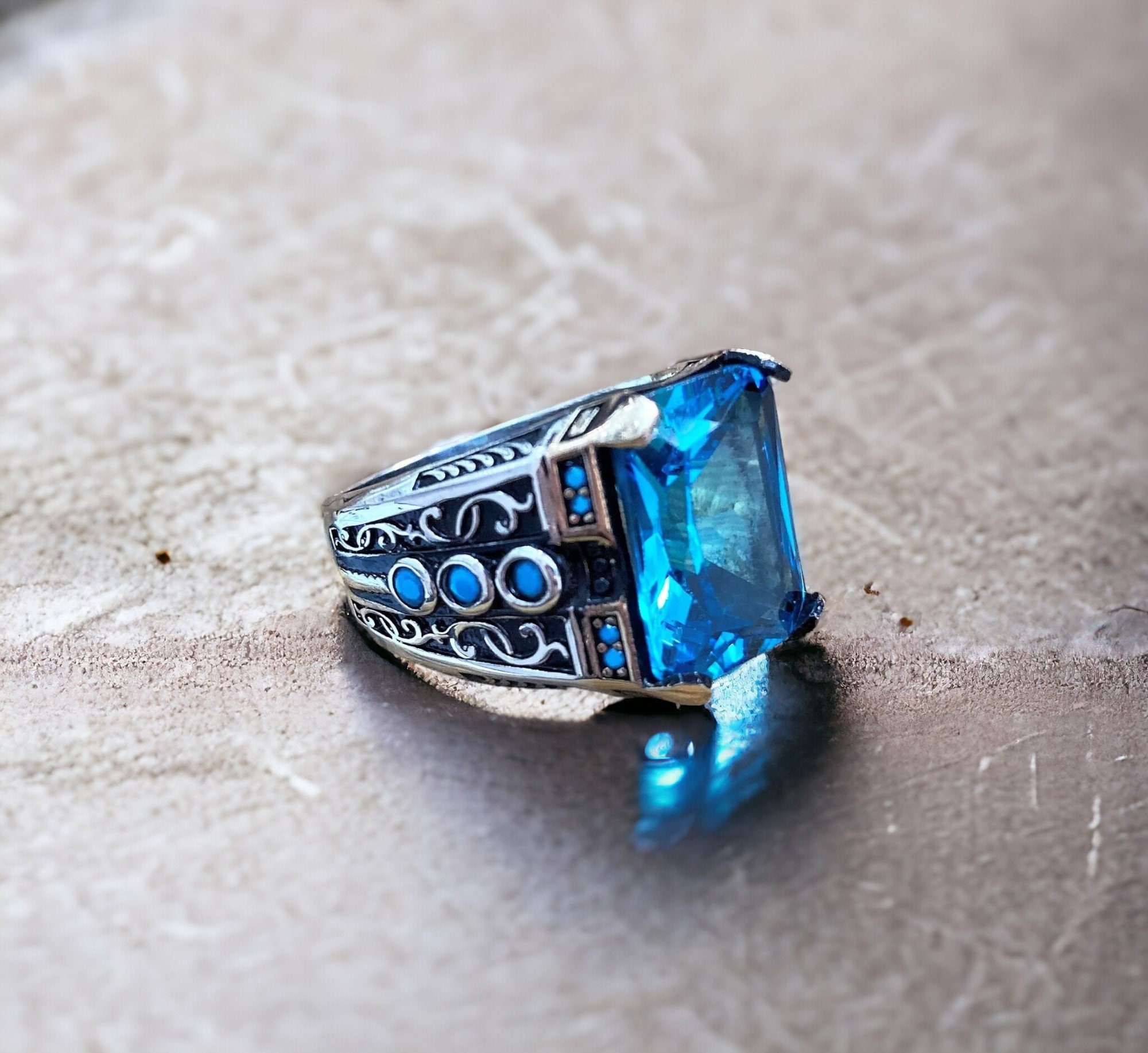 Aquamarine Stone Ring: Vintage Turkish Ottoman 925 Sterling Silver Men's Ring