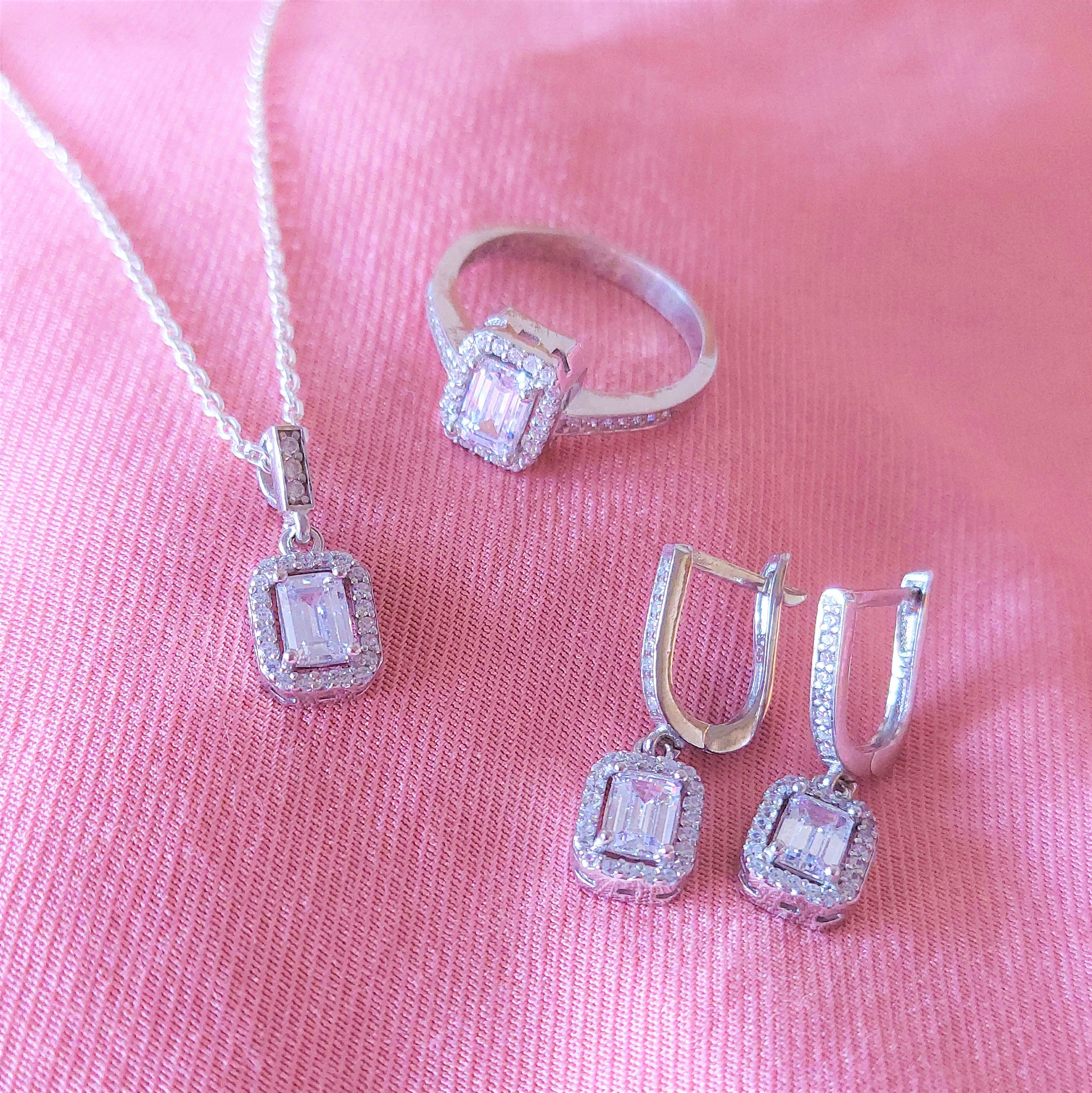 スターリングシルバー製ジルコンジュエリーセット：バゲットカット 