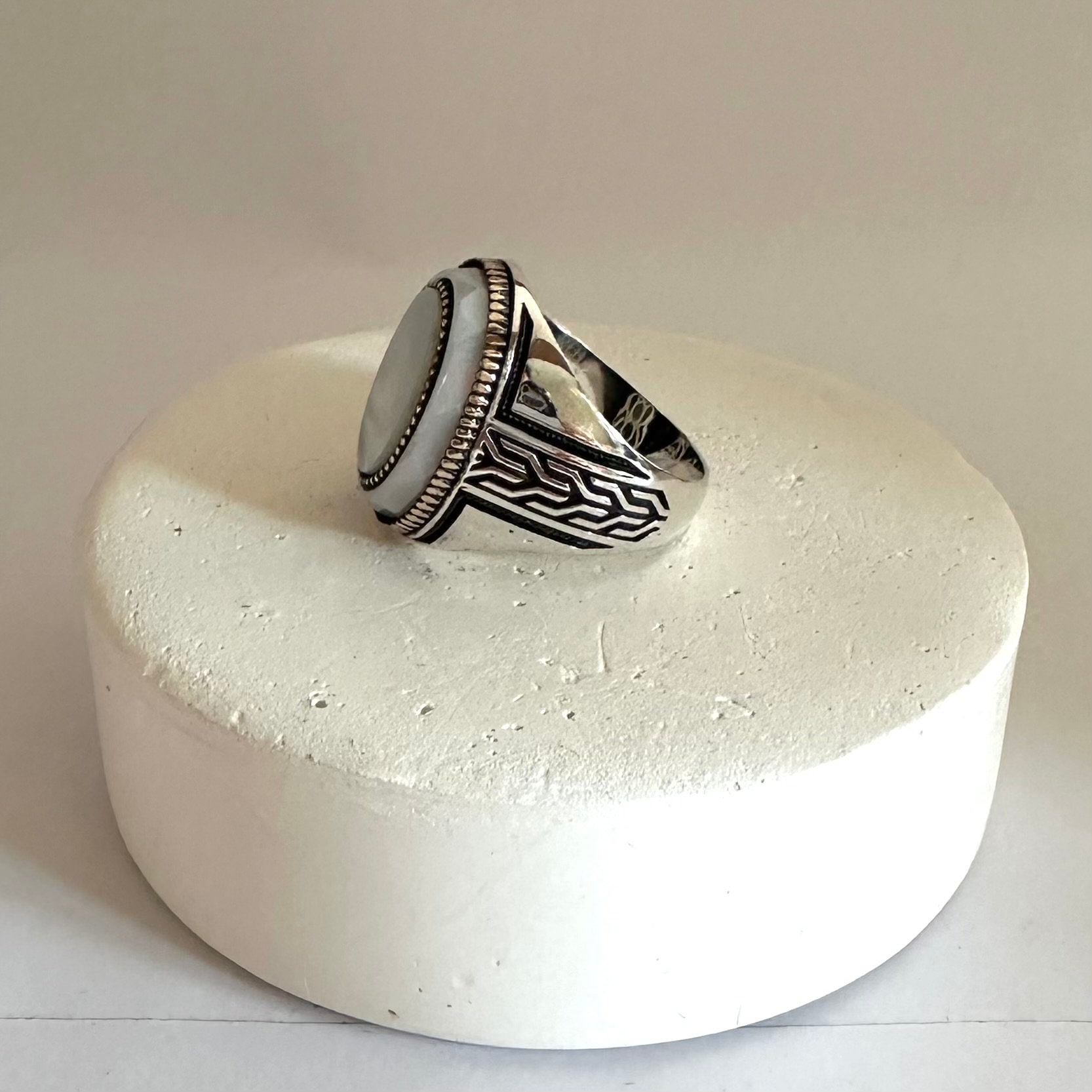 Handmade Sterling Silver Men's Ring: Oval White Mother of Pearl