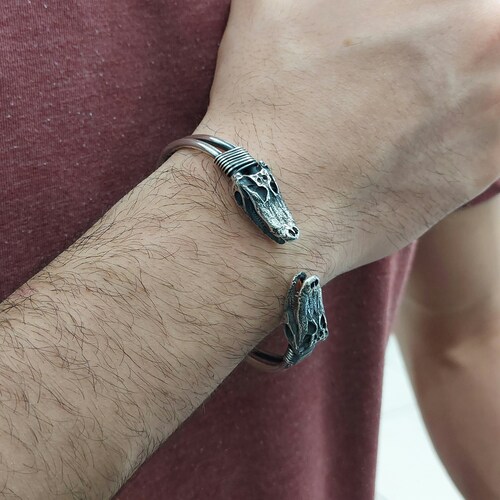 Crocodile Head Sterling Silver Cuff Bracelet: Unisex Wild Animal