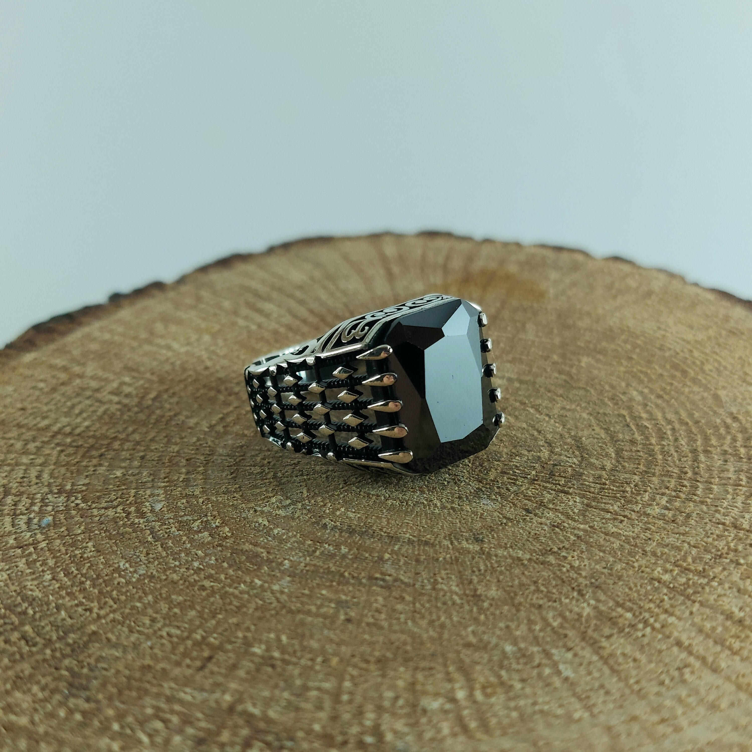 925 Sterling Silver Handmade Engraved Men's Ring With Square