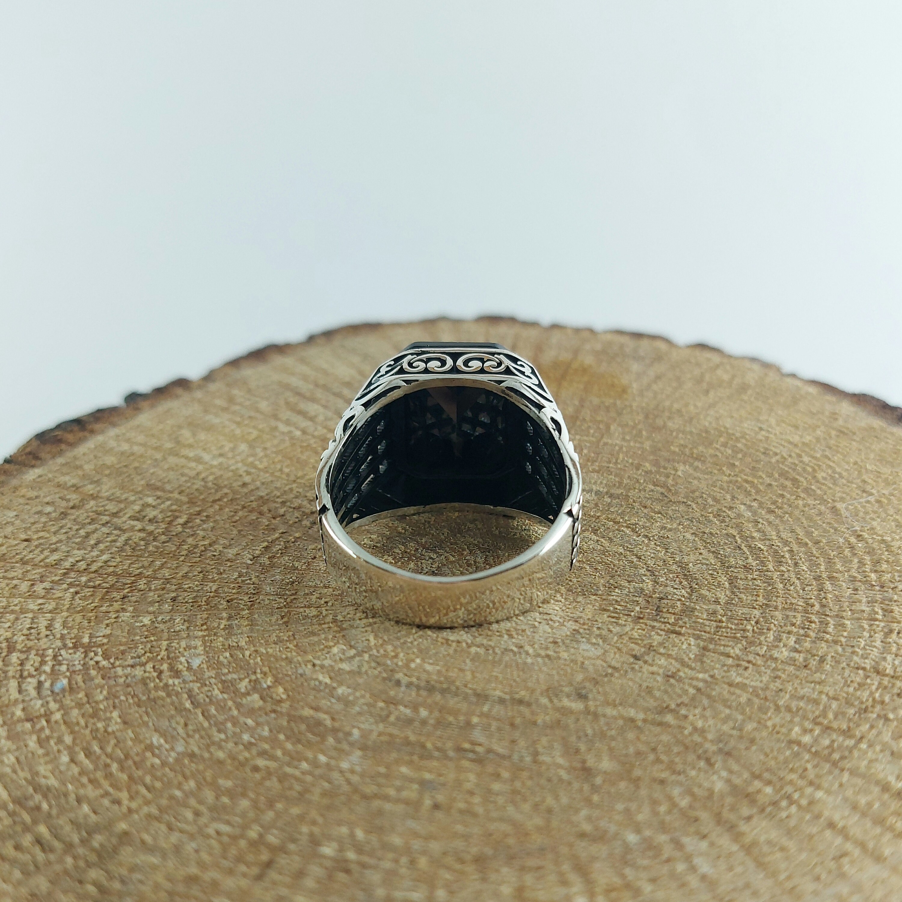 925 Sterling Silver Handmade Engraved Men's Ring With Square