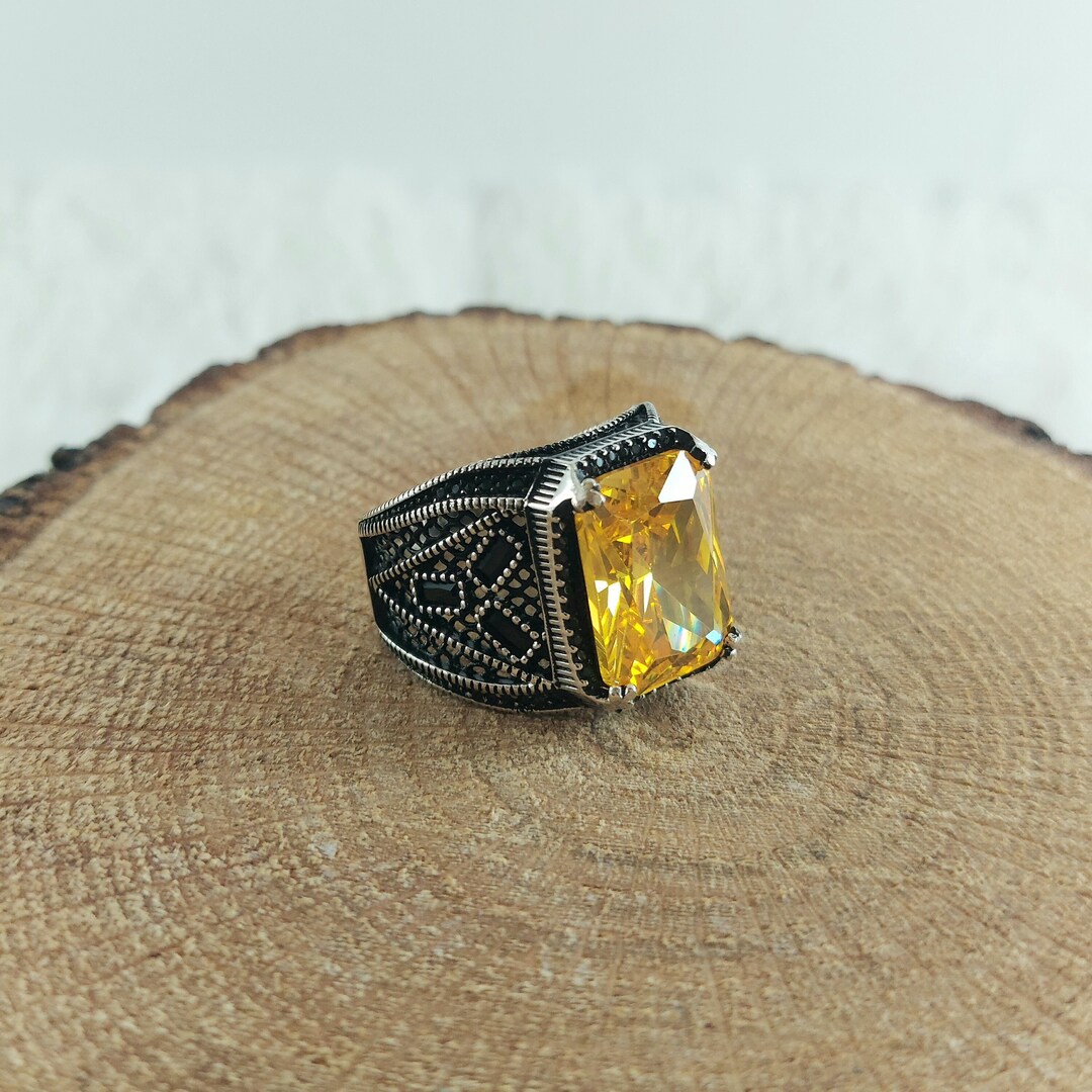 Bague Homme Argent 925 Topaze Citrine Jaune Ovale - Fait Main Ancienne - Pierre Naturelle