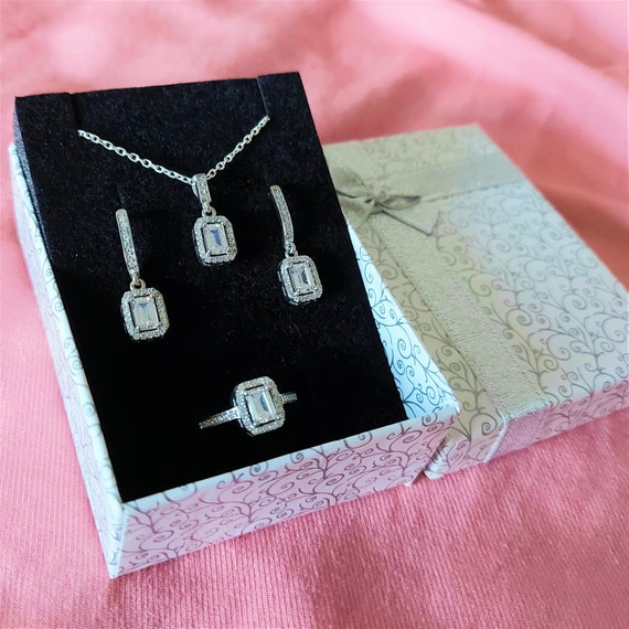 スターリングシルバー製ジルコンジュエリーセット：バゲットカット 