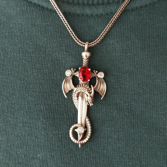 Handmade Sterling Silver Dragon Sword Necklace: Red Zircon Stone Pendant