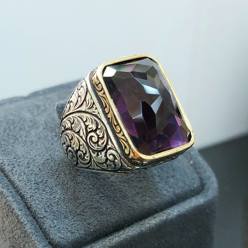 925 Sterling Silver Amethyst Men Handmade Ring Purple Cubic - Etsy