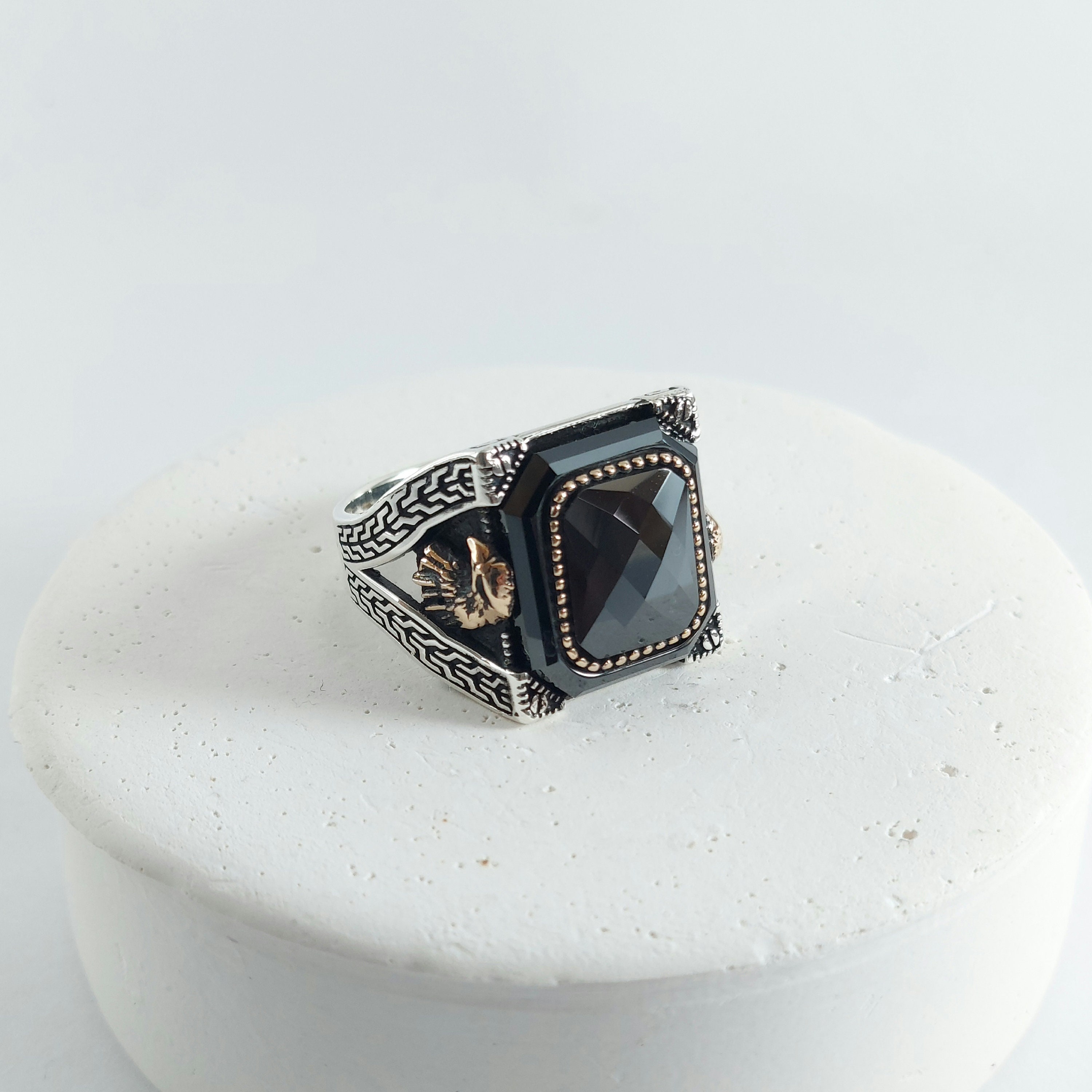 925 Sterling Silver Handmade Men's Ring With Eagle Head and 925 Sterling Silver Handmade Men's Ring With Eagle Head and
