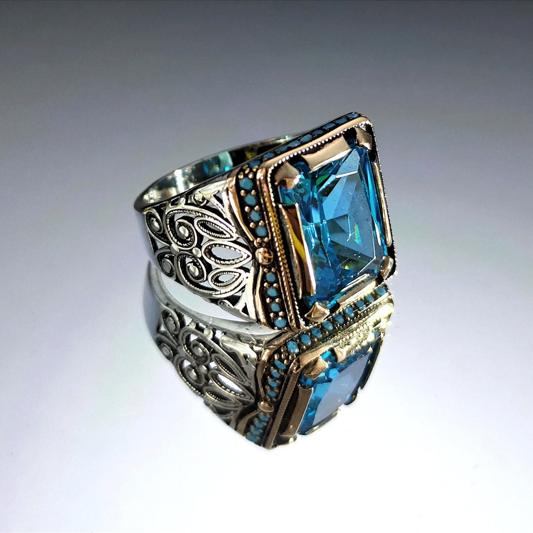 Silver Aquamarine Stone Ring , Men Light Blue Stone Ring , Vintage Men