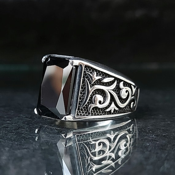 Silver Onyx Stone Ring , Square Black Zircon Stone Ring