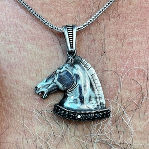 May include: A silver horse head pendant necklace with black gemstones around the base. The necklace is on a silver chain.