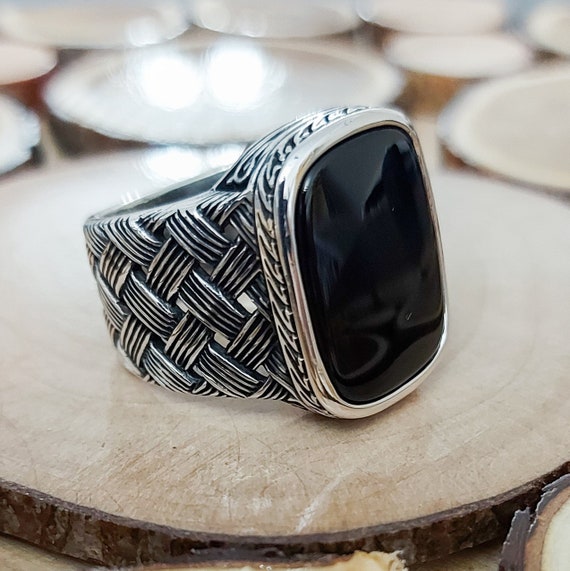 Chevalière Homme En Argent 925 Avec Onyx Carré Noir - Tailles 50 à 65, Artisanale, Neuve