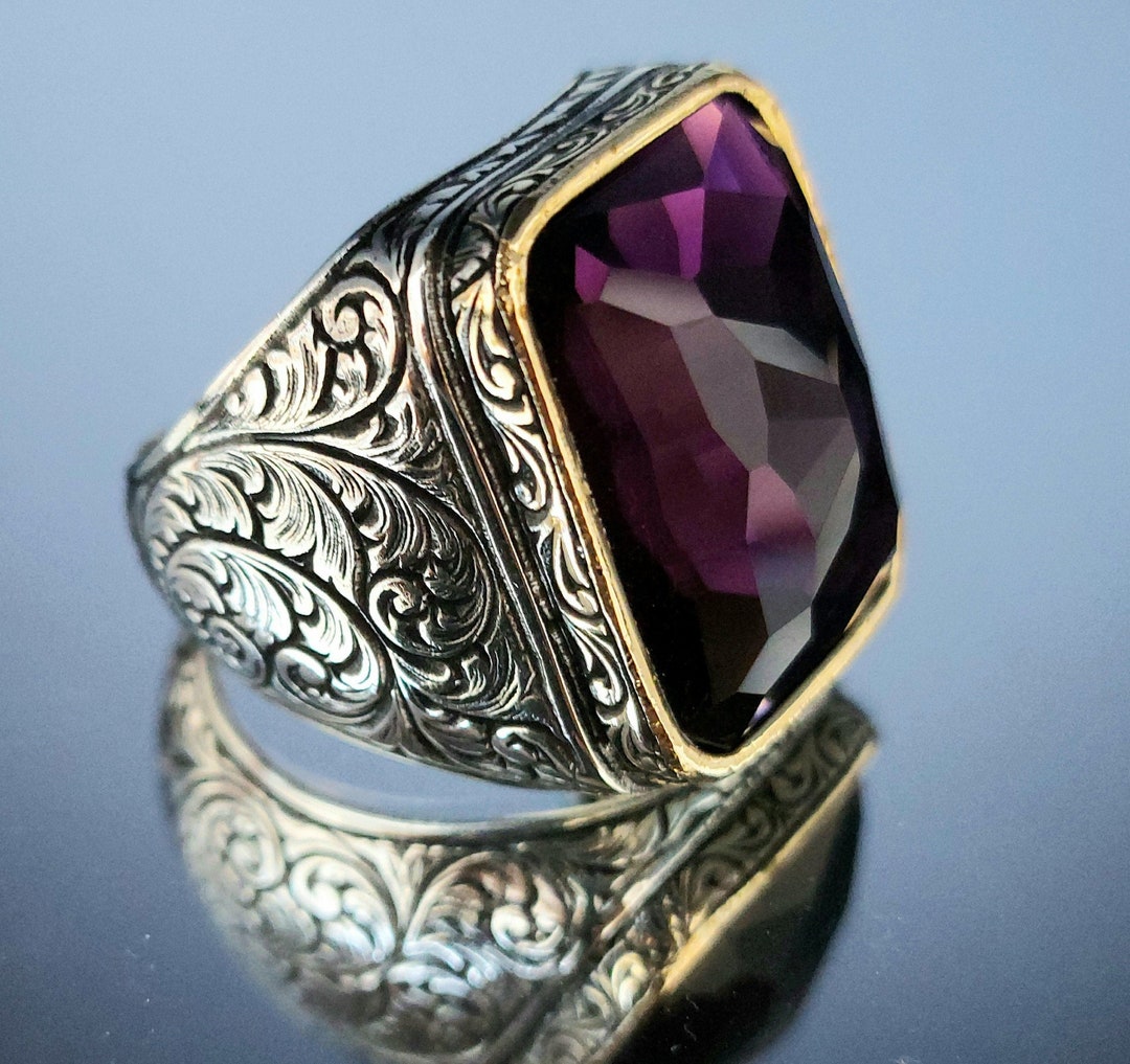 925 Sterling Silver Amethyst Men Handmade Ring , Purple Cubic Zircon ...