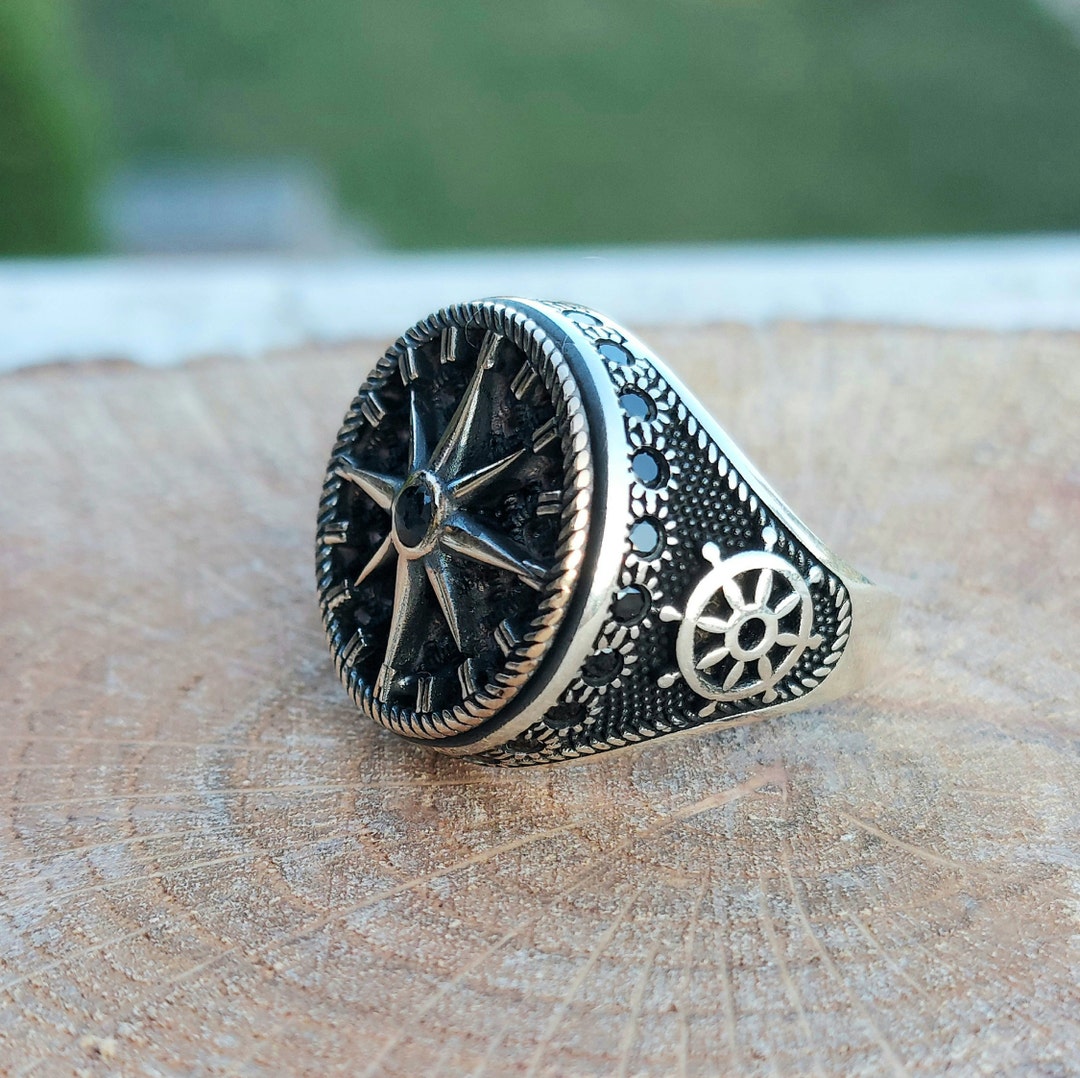 Solid 925 Sterling Silver Compass Anchor Rudder Men's Ring - Made In Turkey, Size 10 - View #4