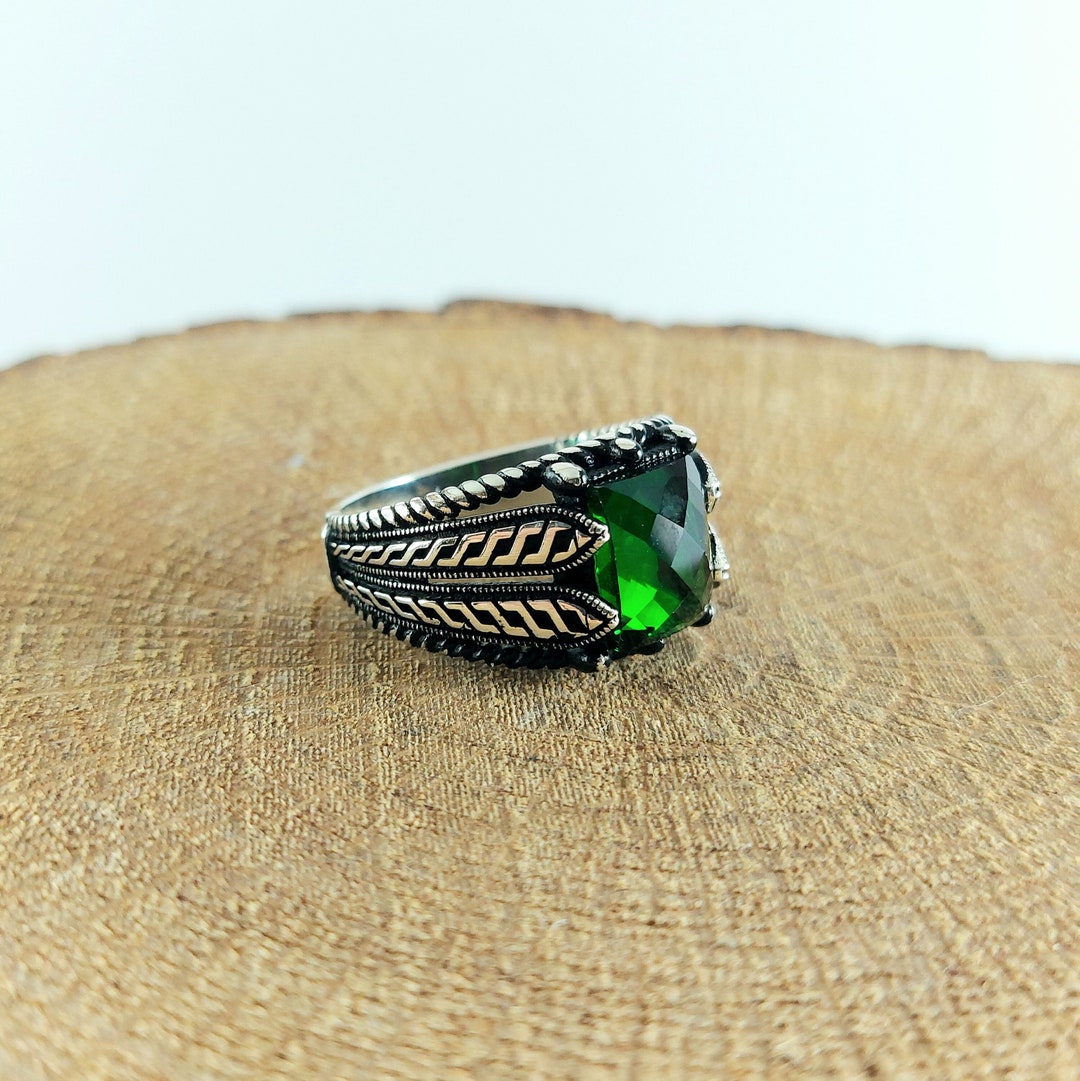 925 Sterling Silver Handmade Men's Ring With Square Shape Green