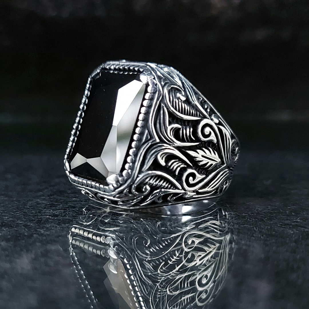 Signet Ring 925 Sterling Silver Cushion Shape Black Onyx Handmade