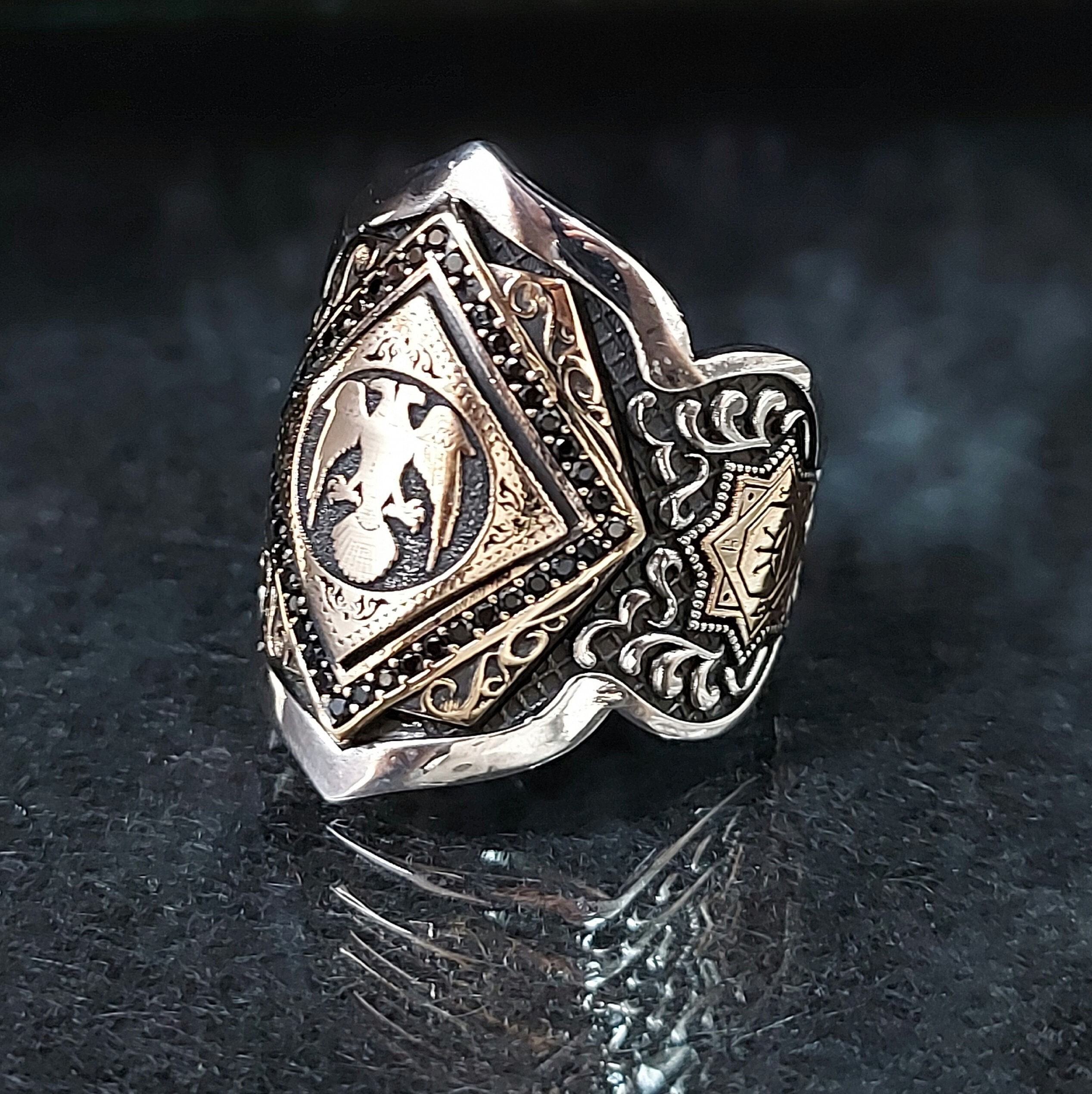 Seljuk Double Headed Eagle Sterling Silver Ring With Black Zircon