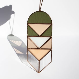 Athena stained glass boho Suncatcher in olive green, blush pink, brown and white