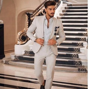 Trajes de boda beige de lino para hombres traje de verano - España