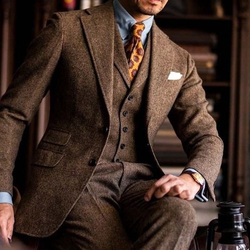 Brown Tweed 3 Piece Slim Fit Suit 