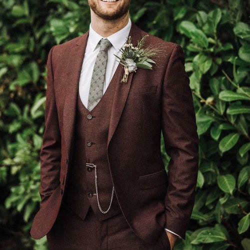 Maroon Men 3 Piece Tweed Suit Men Wedding Suit Groom Brown - Etsy
