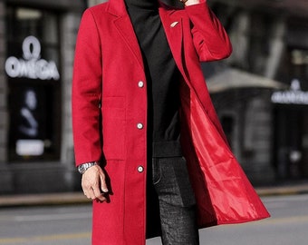 Men Red Overcoat Tweed Vintage Long Trench Coat Men Winter Long Coats ...