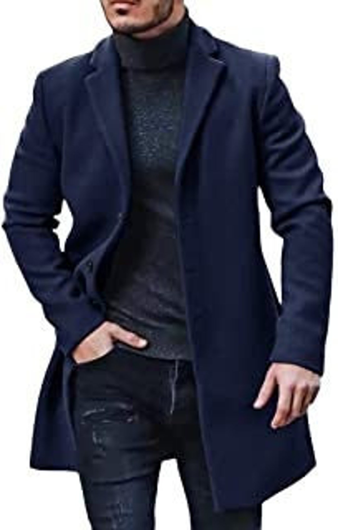 Men Blue Long Overcoat, Winter Long Jacket, Windbreak Coat
