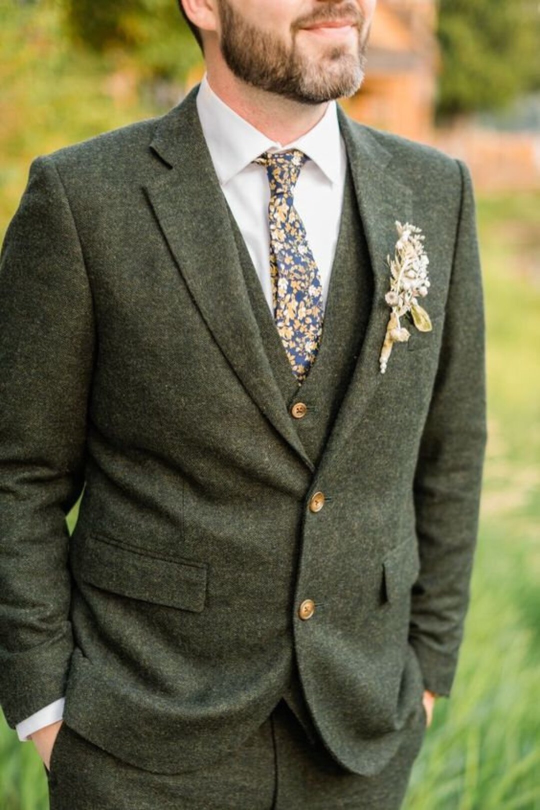 Green Estate 3 Piece Tweed Suit Men Wedding Suit, Groom Brown Tweed