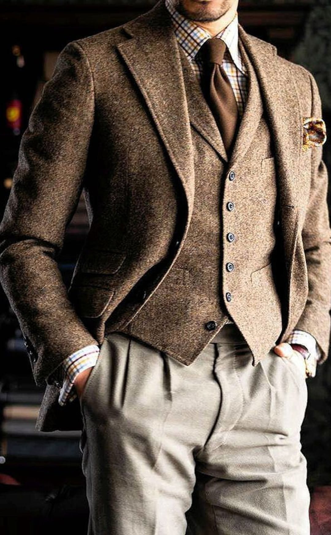 Brown 17 Num 3 Piece Tweed Suit Men Wedding Suit, Groom Brown Tweed ...