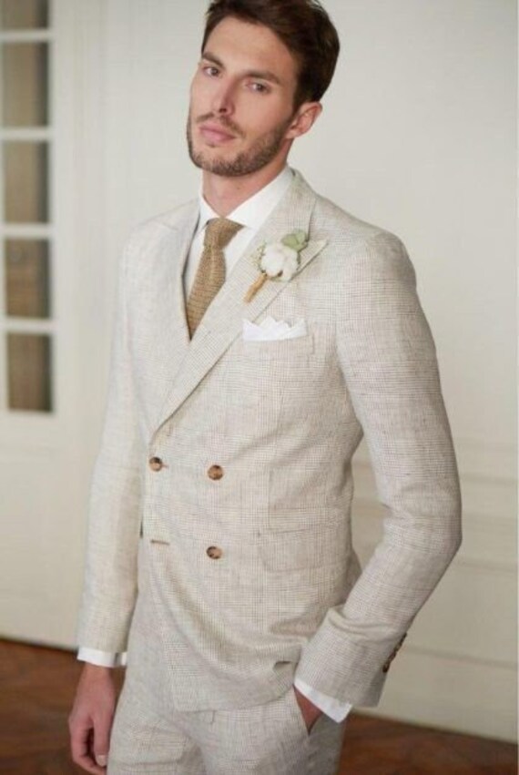 Hommes beige lin costume costume de mariage mari porter costume