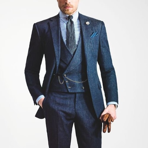 Man Tweed Blue 3 Piece Suit-wedding Suit for Groom & - Etsy