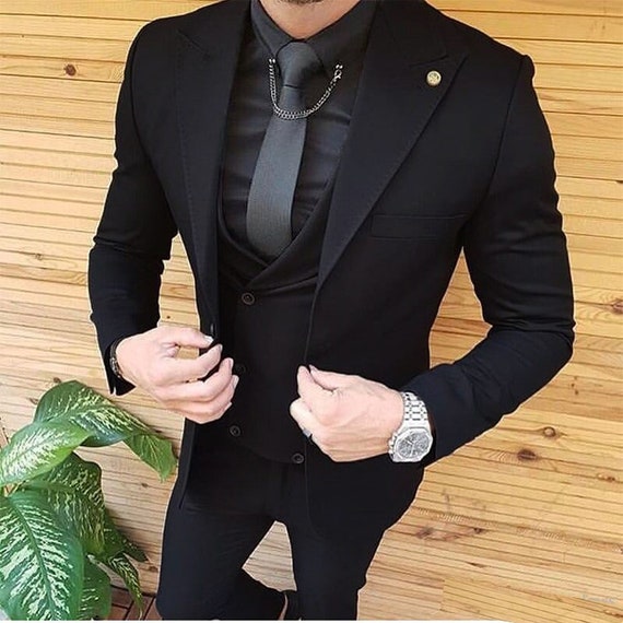 negro 3 piezas para hombre traje de la - Etsy España