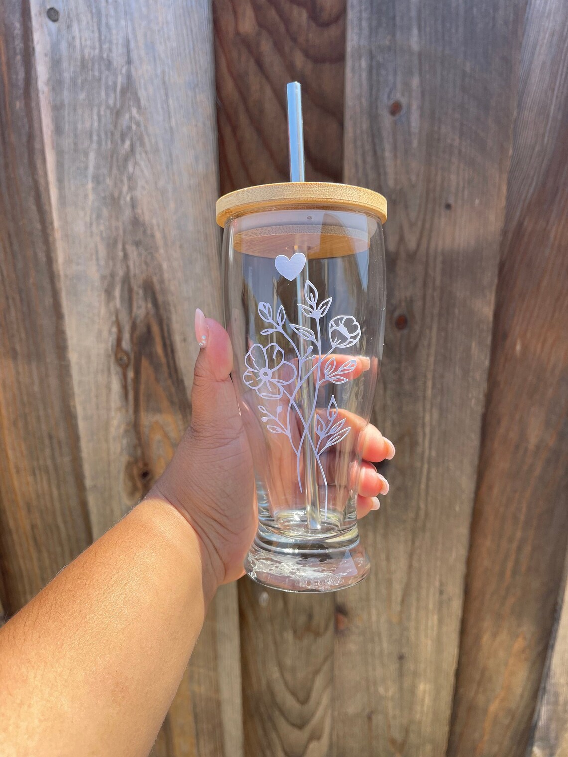 Tall Beer Can Glass with Bamboo lid and straw Etsy