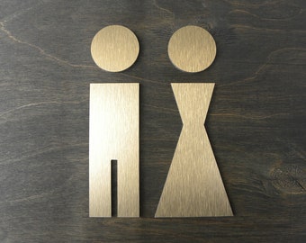 Bathrooms Man Woman Set Modern Figures Door Sign. Bathroom Signs for Doors. Bath Plates, Figure WC Toilet Symbols. Hotel Brass Plaques.