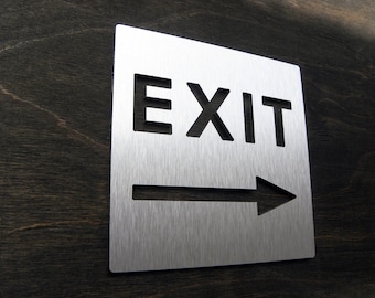 Exit Directional Sign. Silver Brushed Aluminum Exit Plaque. Info EXIT Arrow Square Signs. Hotel Plaques. Exit. 12cm / 4.75"