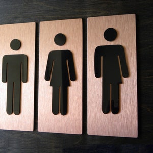 Señales de la puerta del baño. Unisex, todo género, neutral, hombres, mujer, moderno baño de pared inoxidable signo de pared. Cartel de las puertas del hotel. Señales WC.