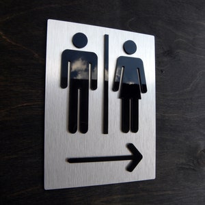 Restroom Arrow Door Signs. Commercial Directional Signs. Directions Arrows Plaques. Plates for Restrooms. Stainless Toilet Arrows Plate.