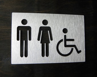 Cartello per porta del bagno. Cartelli per disabili in alluminio argentato per uomo e donna. Targhe per WC e uffici. Targa per WC. Segnaletica per hotel.