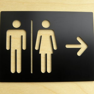 Restroom Door Sign with Directional Arrow - Plates for Restrooms Direction Arrows - Black Signs for Toilet - Arrows Adhesive WC Plate