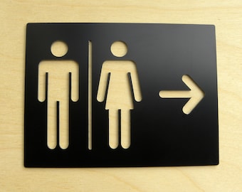 Cartello per porta del bagno con freccia direzionale - Targhe per bagni Frecce direzionali - Cartelli neri per WC - Frecce Targa adesiva per WC