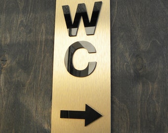 Restroom Vertical Wall Sign. Restrooms Door Signs with Arrows. Restroom Modern Directions Arrows Plate. Cooper Vertical WC Arrow Sign.