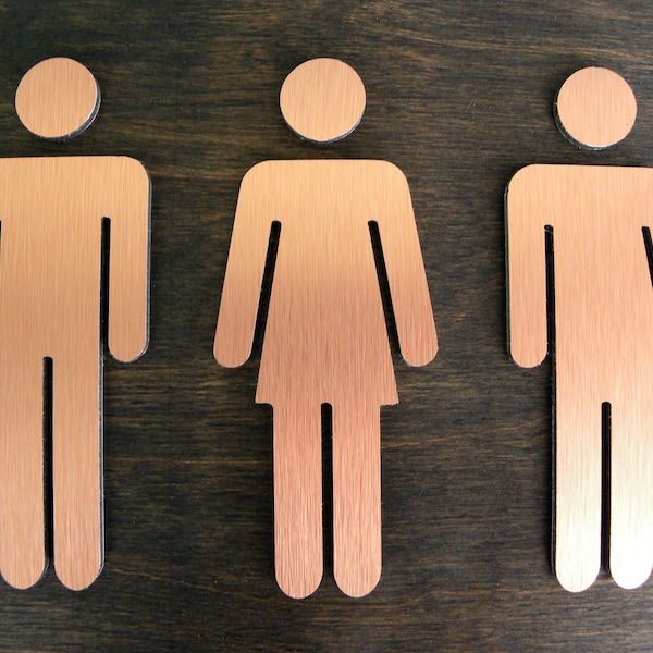 Restrooms Modern Figures Door Signs. Stainless Set Men Woman Neutral WC Figure Symbols. Office Wall Restroom Sign. WC Figures for Toilets.