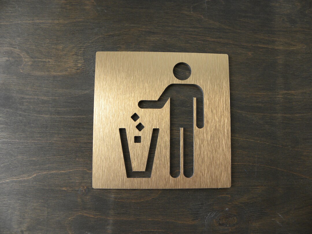 TRASH Adhesive Sign. Garbage Brass Modern Signage Plaques. Waste Signs